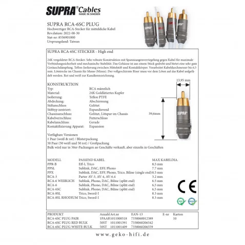SUPRA RCA-6SC PLUG PAIR für Kabel bis 6mm