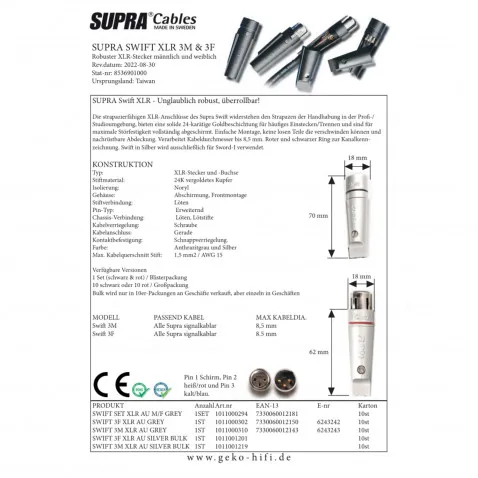SUPRA SWIFT 3F XLR AU GREY XLR female Kupplung