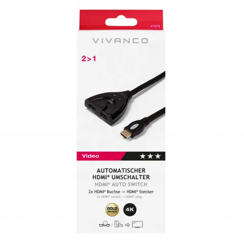 VIVANCO Auto HDMI 2 in 1 Umschalter 0,8m 47078 2>1 HDMI