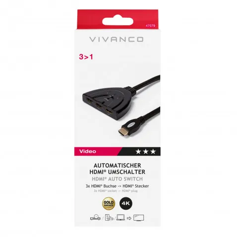 VIVANCO Auto HDMI 3 in 1 Umschalter 0,8m 47079 3>1 HDMI