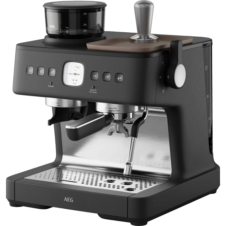 AEG - Espresso Siebträgermaschine EC8-1-8BP – Dual Thermoblock, 30 Mahlgrade, 20 Bar Druck, PID Temperaturkontrolle, 58mm Brühkopf, Milchaufschäumer,