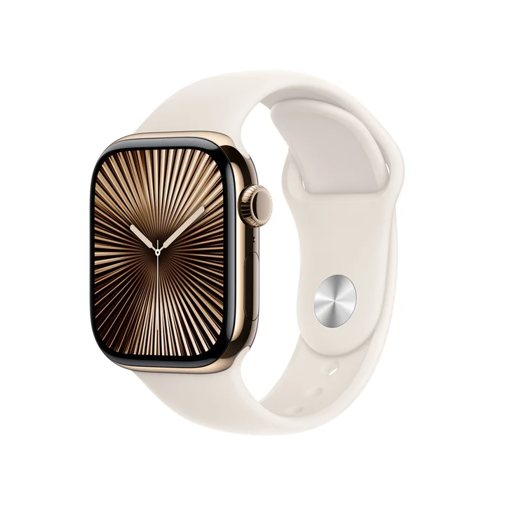 Apple Watch Series 10 GPS + Mobilfunk 42mm Titanium Gold mit Starry Light Sport Band M/L