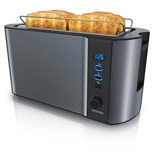 Arendo - Edelstahl Toaster Langschlitz 4 Scheiben, Defrost, wärmeisolierendes Gehäuse, mit integriertem Brötchenaufsatz, 1500W, Krümelschublade, Display, Cool