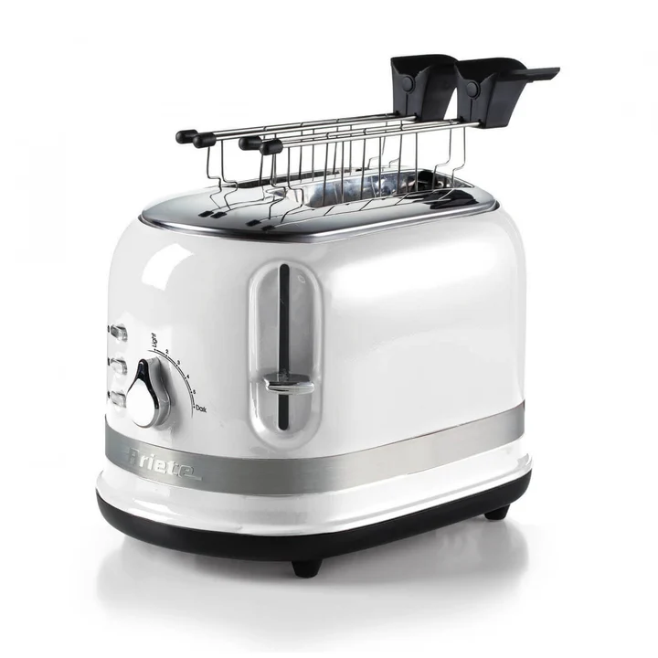 Ariete - 149/01 Moderner 2-Scheiben-Toaster mit Zange, automatischer Auswurf, Krümelschublade, Auftau- und Heizfunktion, 6 Bräunungsstufen, 800 W, weiß