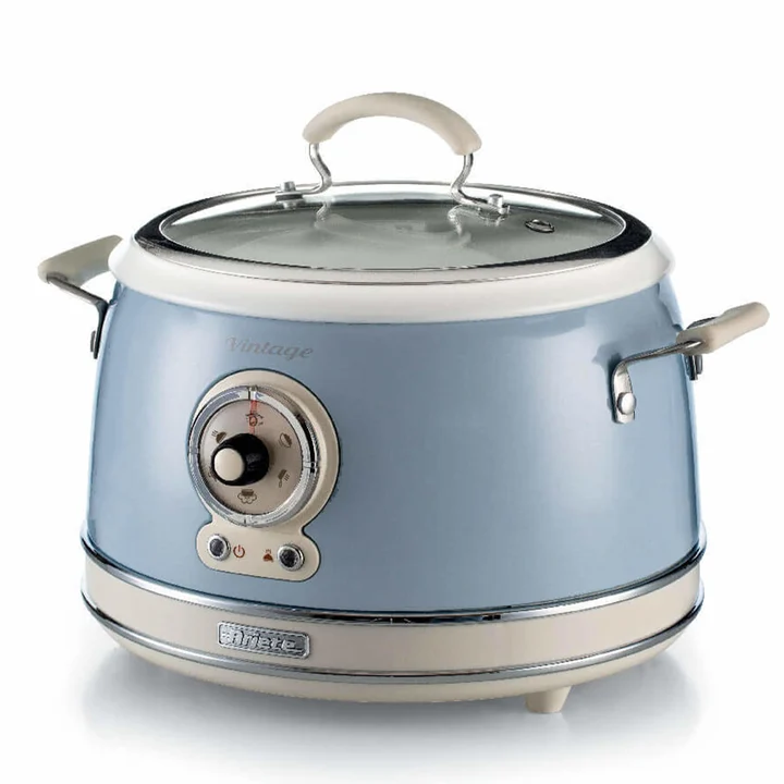 Ariete - 2904, Rice Cooker, Reiskocher Slow Cooker, Dampfgarer, Vintage-Linie, 3,5 l, antihaftbeschichtete Keramikbeschichtung, 650 W, Pastellblau, himmelblau
