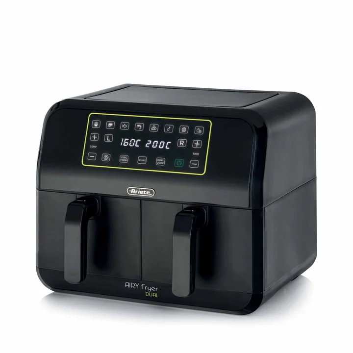 Ariete - 4623 Airy Fryer Dual, Luftfritteuse mit Doppelkorb, 1700 W, Fassungsvermögen 8 l, 3 Kochfunktionen, digitales LED-Touch-Panel, 8 voreingestellte