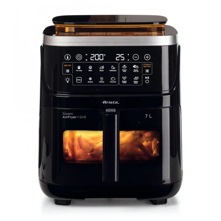 Ariete - 4636 Luftfritteuse mit Dampffunktion + Grill, 1700W, Dörrfunktion, 10 Kochfunktionen, transparenter Korb, Timer, Innenbeleuchtung, schwarz
