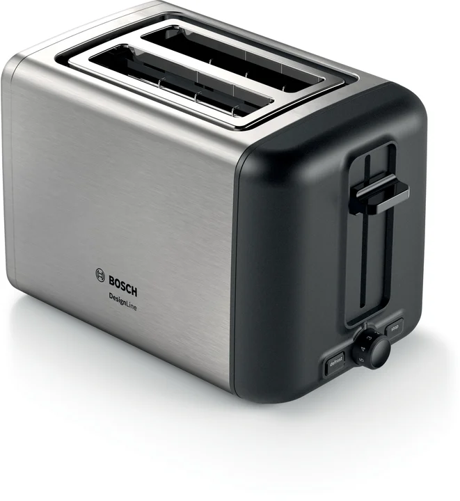 Bosch - Kompakt Toaster DesignLine TAT3P420DE, integrierter Edelstahl-Brötchenaufsatz, mit Abschaltautomatik, mit Auftaufunktion, perfekt für 2 Scheiben