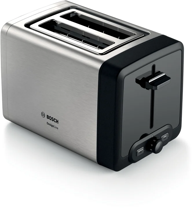 Bosch - Kompakt Toaster DesignLine TAT4P420DE, integrierter Edelstahl-Brötchenaufsatz, mit Abschaltautomatik, mit Auftaufunktion, perfekt für 2 Scheiben