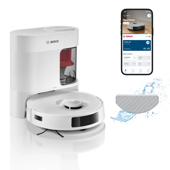 Bosch - Spotless + BCRD1W Saugroboter mit Wischfunktion, 11.000 Pa Saugkraft, Wischpad, Trocken-Servicestation, Smart Vision Navigation mit Infrarot-Licht,