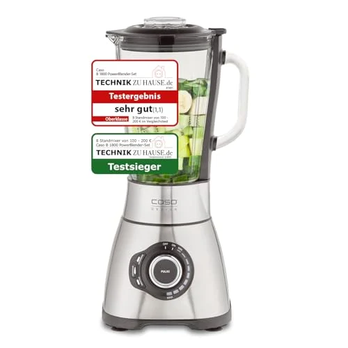 Caso - B 1800 PowerBlender-Set - Standmixer, 28.000 U/min, Glasbehälter 1,75 L, inkl. Trinkflasche und Zerkleiner, Mixer Testsieger mit sehr gut, Edelstahl