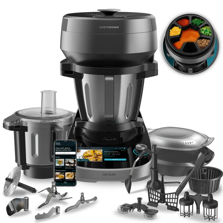 Cecotec - Küchenroboter mit Lebensmittelspender Mambo CooKing Total Gourmet. 2200 W, 45 Funktionen, Tausende von geführten Rezepten, 5L Unique Krug und 5L