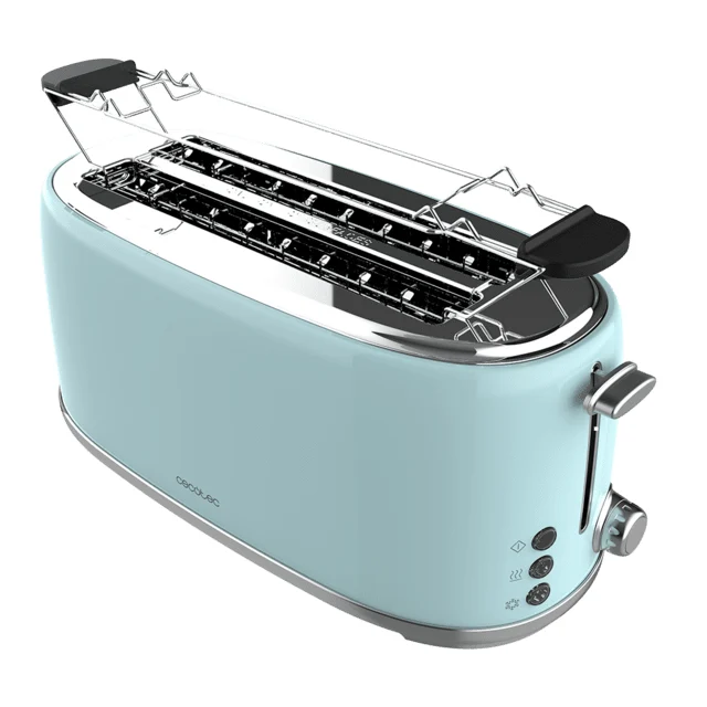 Cecotec - Toaster 4 Scheiben Toast&Taste 1600 Retro Double Blue, 1630 W, 2 Breite und Lange Schlitze von 3,8 cm, Edelstahl, Obere Roste, Regulierbare Leistung,