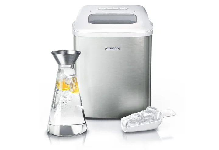 chine, Eiswürfelbereiter, Ice Cube Maker, Selbstreinigung, 1,5 Liter Wassertank, 8 - 9 Minuten Produktionszeit, 10 - 12 kg / 24 h, leise, Silber/Weiß