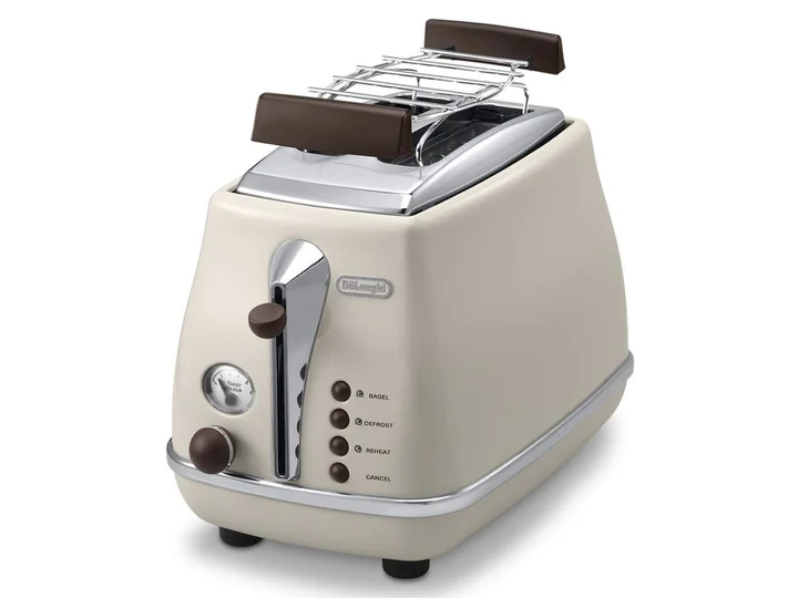 De’Longhi - Icona Vintage CTOV 2103.BG – 2-Schlitz-Toaster mit Brötchenaufsatz, Toaster mit 6 Bräunungsstufen, Auftau- & Aufwärmfunktion, aus Edelstahl in