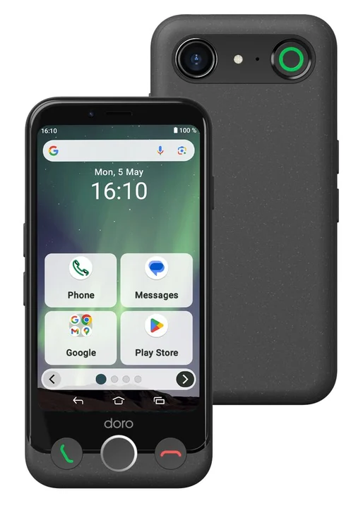 Doro - Aurora A10 Telefon - Senioren-Smartphone - Einfach zu bedienen - Hilfetaste mit GPS-Ortung - Hörgerätekompatibel - Inklusive drahtloser Ladestation -