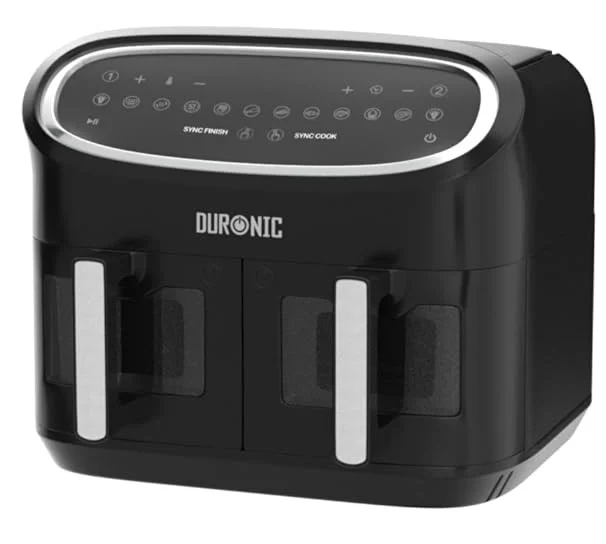 Duronic - AF34 BK Heißluftfriteuse, XXL Heißluftfritteuse mit 2 Kammern für Pommes, Friteuse HLF 10L Volumen Airfryer, Air Fryer für Rezepte ohne Öl