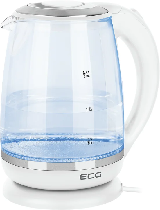 ECG RK 2020 White Glass | Wasserkocher | Weiß | Volumen 2 l Blaue Hintergrundbeleuchtung |1850 – 2200 W |