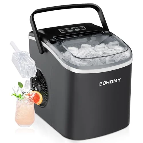EUHOMY - Eiswürfelmaschine Klein, 12KG Eiswürfelbereiter Ice Maker, 9 Würfel in 6 Minuten fertig, Schwarz Eiswürfelmaschine mit Tragbarem Griff, 12KG/24H,
