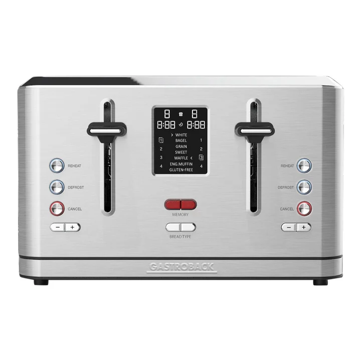 Gastroback - 42396 Design Toaster Digital 4S, 4-Scheiben, intergrierter Brötchenaufsatz, 7 Toastprogramme, LCD-Countdown-Anzeige, 950 Watt, Edelstahlgehäuse,