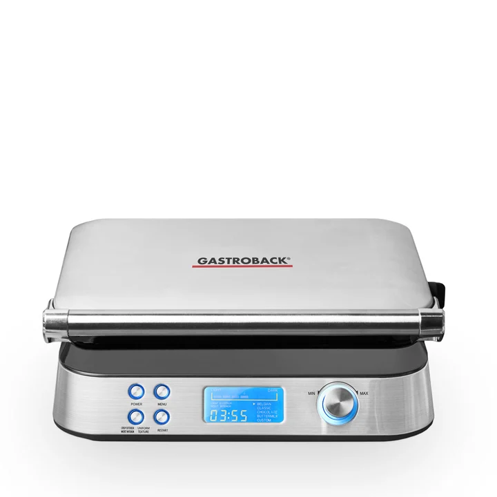 Gastroback - 42424 Waffeleisen Advanced Control, 5 Verschiedene Programme, 7 Bräunungsstufen, Steuerung über LCD–Display, 1.600 Watt, Edelstahl, silber