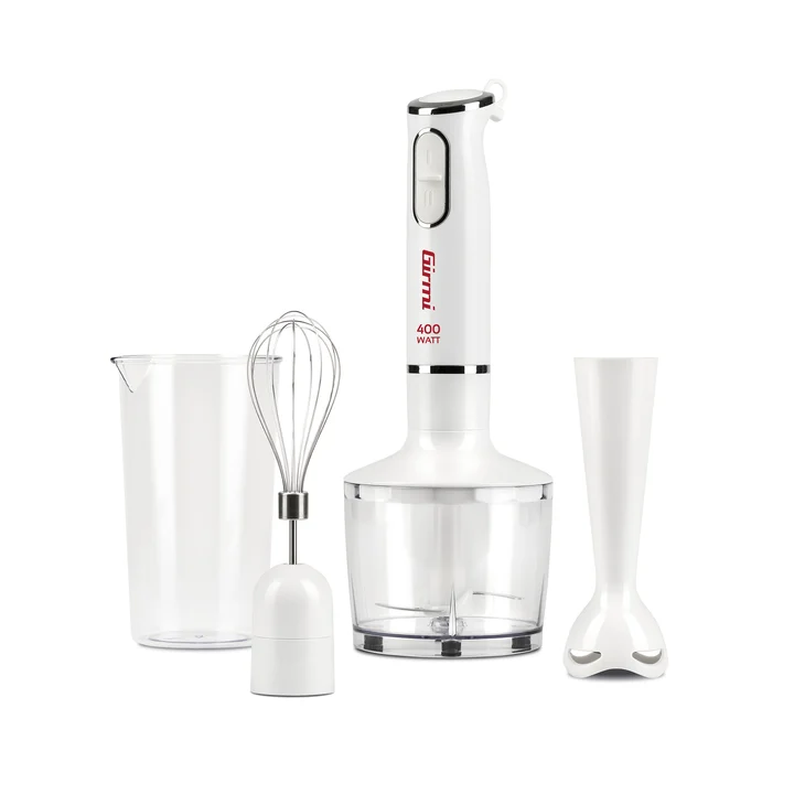 Girmi - MX16 Stabmixer mit Set, 3-in-1 Mixer-Pürierstab-Schneebesen, 400 W, DC-Motor, 2 Geschwindigkeiten, Edelstahlklingen, 700-cc-Messbecher inklusive,