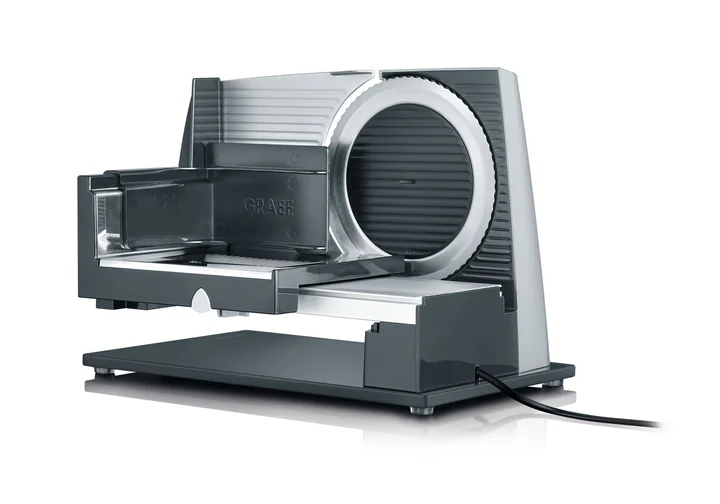 GRAEF. - GRAEF Allesschneider SKS320 silber Vollmetallgehäuse mit Edelstahl-Wellenschliffmesser Ø 170 mm, platzsparende Bauweise, Glasbodenplatte,