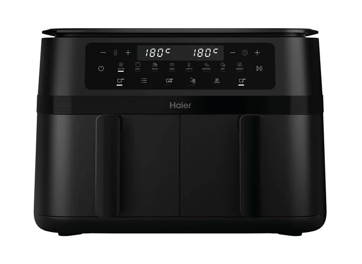 Haier - Heißluftfritteuse 2 Kammern I 11 L Airfryer Doppelkammer I Kammern flexibel & unabhängig einstellbar I 8 Funktionen I Antihaftbeschichtung,