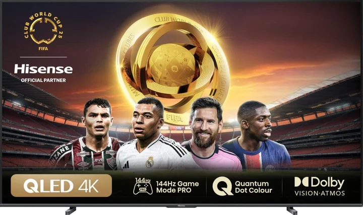 Hisense - 100E7NQ 254 cm (100 Zoll) Fernseher, 4K UHD, QLED, HDR10, HDR10+ decoding, HLG, Dolby Vision Atmos, 144Hz VRR, Smooth Motion, Bluetooth, Alexa