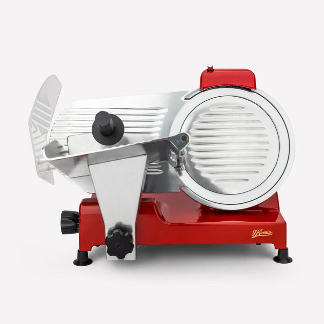 H.Koenig - Elektrischer Fleischschneider MSX254, Wurstwaren, professionell, präzise,Schnitt 0-12 mm,Klinge 25 cm,eingebauter Schärfer,breite Platte,282 rpm, Rot