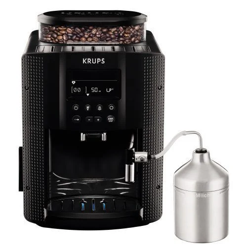 Krups - Essential Kaffeevollautomat mit Milchschlauch, 2-Tassen-Funktion, LCD-Display, Einfache Reinigung, Kaffeemaschine, TÜV-Siegel, Schwarz, EA816031