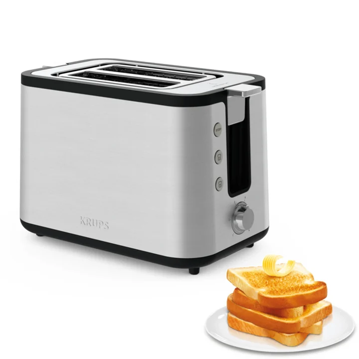 Krups - KH442D Control Line Premium Toaster, Edelstahl, 2 kurze Schlitze für 2 Scheiben, Brötchenaufsatz, 6 Bräunungsgrade, 850 W, 23.6 x 32.4 x 20.2 cm,
