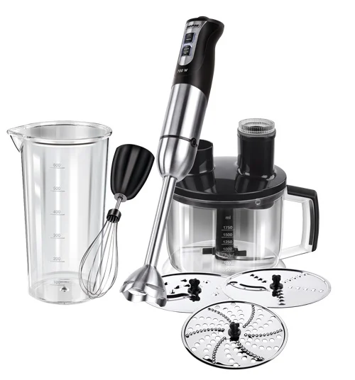 MBL-11 Stabmixer-Set, Mixstab, Schnee-Besen, Multi-Messer, Zerkleinerungsbecher 1750ml, 3 Schnei, Stabmixer, Silber, Schwarz
