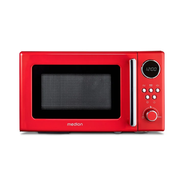 MEDION - Retro Mikrowelle klein (20 Liter, ca. 800 Watt, 5 Mikrowellenstufen, 8 Automatikprogramme, Digitale Anzeige, Auftaufunktion, kompakt, MD15000) rot