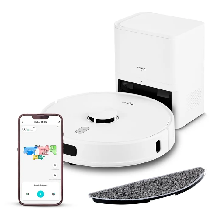 MEDION - Saugroboter mit Absaugstation, Lasernavigation und Wischfunktion X41 SW+ (Starke 8000Pa Saugkraft, 2in1 Roboterstaubsauger, präzise Kartenerstellung,