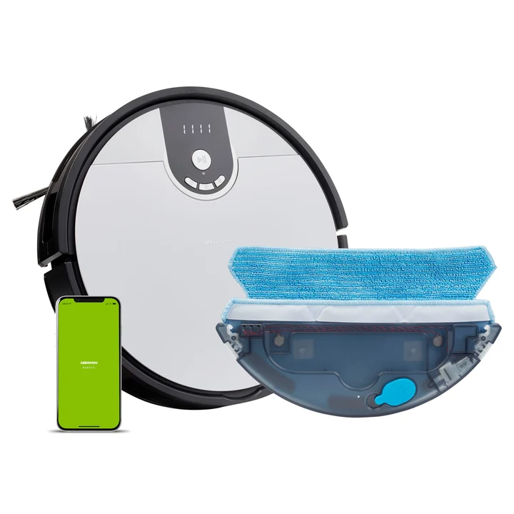 MEDION - Saugroboter mit Wischfunktion und Zyklon Technologie S20 SW (Alexa App Steuerung, Modell 2021, extra flach, regulierbare Wasserabgabe, Ladestation,