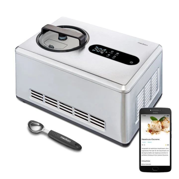 MEDION - smarte Eismaschine mit Kompressor (selbstkühlend, 2 Liter, App Steuerung inkl. Eis-Rezepte, Joghurt, Eiscreme, Sorbet, LED Display, Edelstahl,