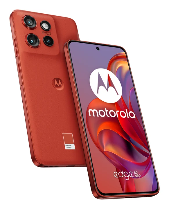 Motorola - edge50 neo Smartphone (6,36"-Super-HD-Display, 50-MP-Kamera mit Moto-KI, 12/512 GB, 4310 mAh, Android 14) Pantone Poinciana (Veganes Kunstleder),