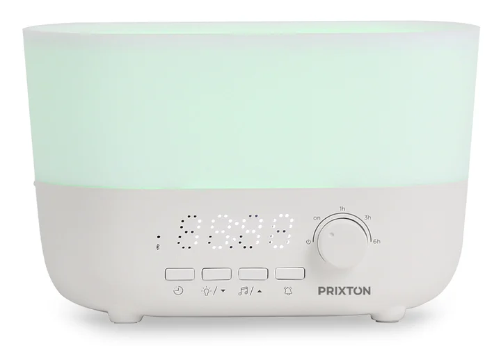 PRIXTON Aroma Connected Luftbefeuchter, Diffusor für Aromen und ätherische Öle, 360 ml, Lautsprecher Bluetooth, 7-farbige LED, Timer, Uhr und Wecker