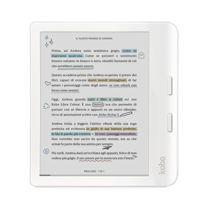 Rakuten Kobo - Libra Color | eReader | 17,8 cm (7 Zoll) blendfreie Farbe E Ink Kaleido™ 3 Display | Dunkelmodus-Option | Hörbücher | wasserdicht | Weiß