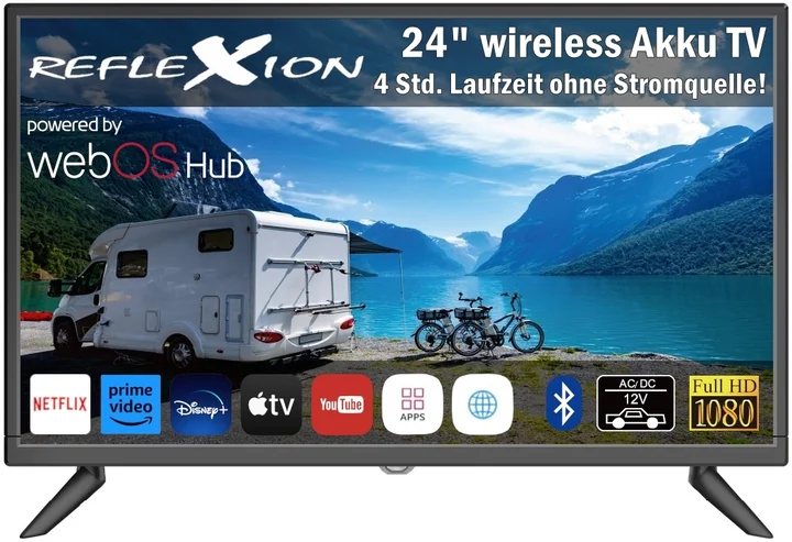 Reflexion - LEDA24OSBT Smart LED Akku Fernseher powered by webOSHub, 60 cm/24 Zoll, Camping/Wohnmobil/Wohnwagen/Boot/LKW TV, USB Typ-C DC 12V Input, 230V, Full