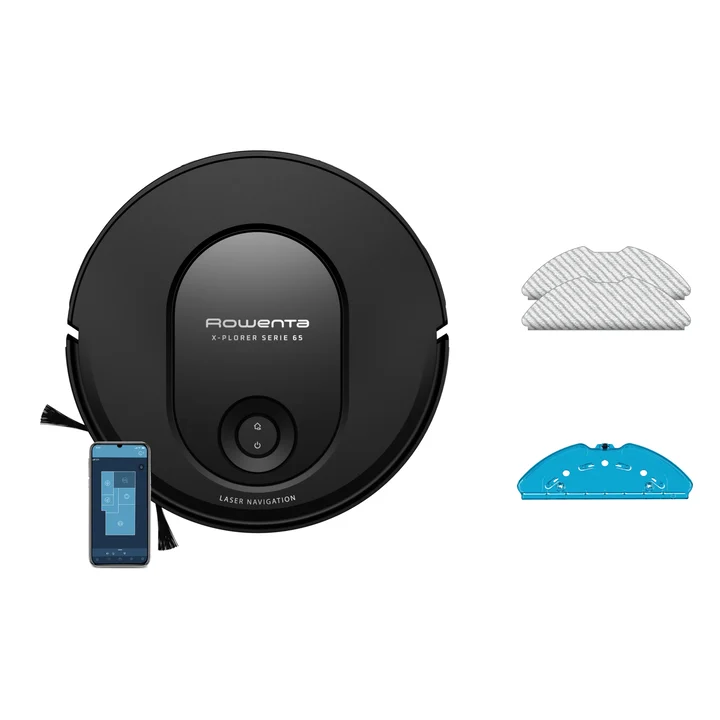 Rowenta - Xplorer Serie 65 Nass-Trocken-Saugroboter, Lasernavigation, 120 min Laufzeit, App-Steuerung, nur 7,8 cm Höhe, elektronischer Wischmopp, Ladestation,