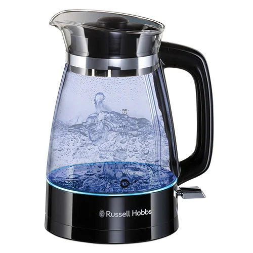 Russell Hobbs - 26080-70 Wasserkocher Glas (optimierte Design Ausgusstülle aus Glas, LED Beleuchtung), Classic Design, Boden aus Edelstahl, Trasparente/Nero, 1.7 l,