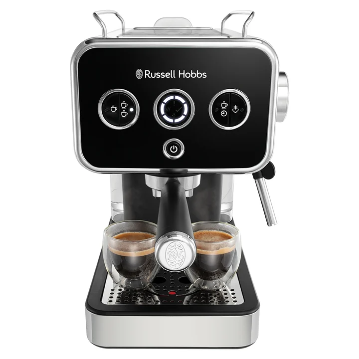 Russell Hobbs - Espressomaschine [Siebträgermaschine] Distinction Edelstahl Schwarz (15 Bar, Einsatz 1 & 2 Tassen, ESE Pads, autom. Dosieren & man. Option, Dampfdüse