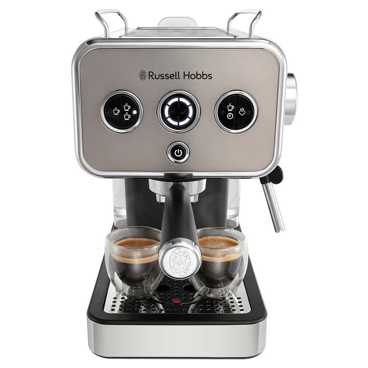 Russell Hobbs - Espressomaschine [Siebträgermaschine] Distinction Edelstahl Titanium (15 Bar, Einsatz 1&2 Tassen, ESE Pads, autom.Dosieren & man.Option, Dampfdüse f
