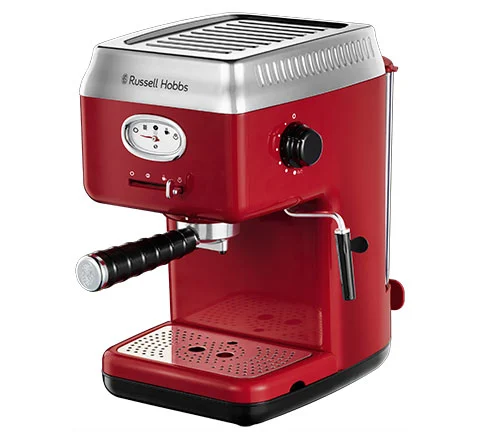 Russell Hobbs - Espressomaschine [Siebträgermaschine] Retro Rot (15 Bar, 2 Tassen-Einsätze, 1,1l abnehmbarer Wassertank, Dampf-Milchschaumdüse, Portionierlöffel mit