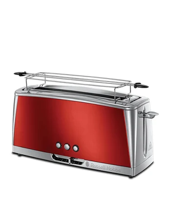 Russell Hobbs - Toaster [Langschlitz für 2 Scheiben / 1 breite Brotscheibe] Luna Edelstahl Rot (extra breiter Toastschlitz, inkl. Brötchenaufsatz, 6 Bräunungsstufen +