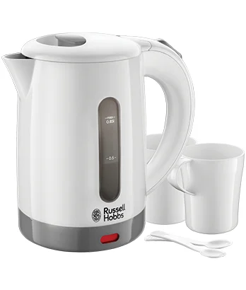 Russell Hobbs - Wasserkocher klein [0,85l Reisewasserkocher mit weltweiter Spannungsanpassung] Travel (1000W, inkl. 2 Tassen & 2 Teelöffel, optimierte Ausgusstülle,