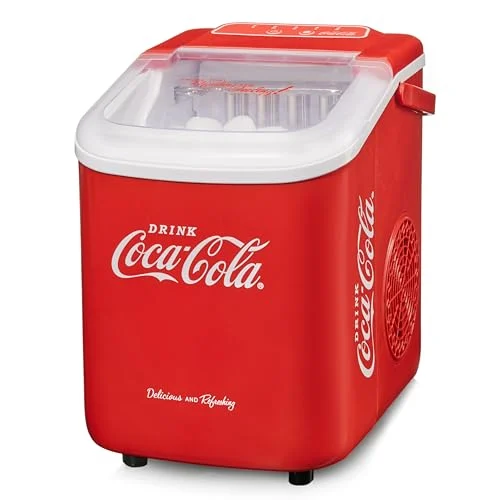 Salco - Coca Cola Eiswürfelmaschine – Ice Maker mit 2 Eiswürfelgrößen – 10 kg Eiswürfel pro Tag – Retro-Design Rot – Tragbare Eiswürfelmaschine für Cocktails,