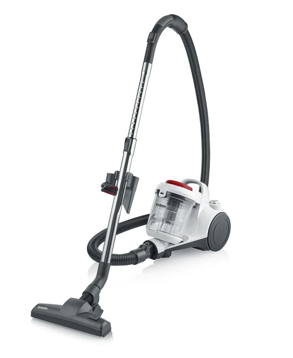 Severin - Beutelloser Zyklon-Staubsauger, Bodenstaubsauger für Allergiker, Staubsauger ohne Beutel mit Premium-Eco-Boden- und Parkettdüse, 2 L, weiß-silber-rot,